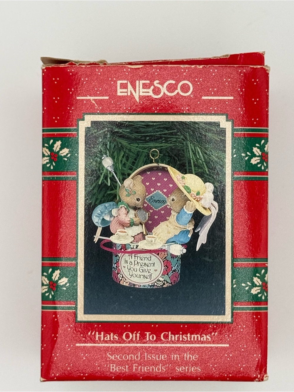 Enesco Vintage Holiday Figurine Ornament in Red and Green with Gold Accents